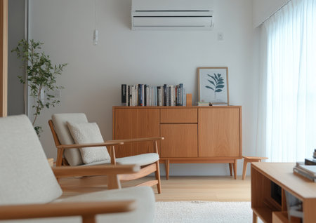 A Scandinavian-style living room with light wood furniture, white walls, and a wooden sideboard in the background. A simple armchair is placed at one end, with books neatly arranged atop its backrest. The setting exudes simplicity and calmness. There is also an air conditioner hanging from above. --ar 7:5 --v 6.1 Job ID: 8398a95c-2a35-49b0-ad78-83a6b6bfebbbの素材