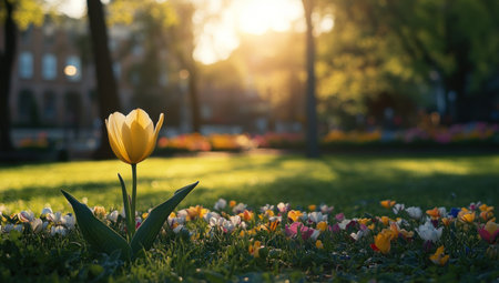 A yellow tulip in the foreground, with colorful flowers blooming behind it and green grass under bright sunlight. In the blurred background is an outdoor park or garden with trees and buildings. The scene has soft lighting and warm tones, creating a peaceful atmosphere. This photo was taken using a Canon EOS R5 camera. --ar 53:30 --v 6.1 Job ID: 109da104-da41-45fe-9efe-3ec91343d235の素材
