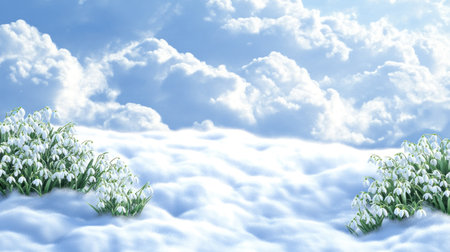 Beautiful snowdrops or primrose flowers growing in the spring garden on a background of melting white snow, sunny day, banner with copy space area for text stock photo, high quality --chaos 30 --ar 16:9 --v 6.1 Job ID: ef0c7c7e-d2b0-4e2b-820f-8f128f92bd21の素材