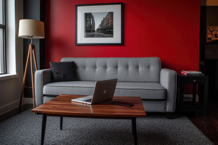 A simple and elegant modern living room with a grey sofa, coffee table, laptop on the side of the couch, a red wall behind it, a grey carpet below the grey fabric sofa, a wooden floor lamp beside the coffee table, and some dark-colored walls in the background. --ar 3:2 --v 6.1 Job ID: d29d5414-14e5-4cc6-8870-743c6a36b523の素材