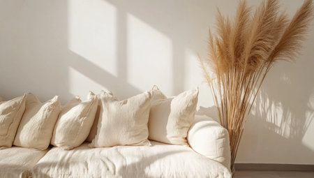 A white wall in the background, the sofa is covered with light-colored linen fabric and has several beige pillows on it. A pampas grass stands next to them. The sun shines through the window onto part of the room. Minimalist interior design of a modern living room. --ar 53:30 --v 6.1 Job ID: c92a3f3a-f719-45f0-856c-cae80925ee27の素材
