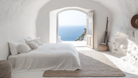 A white bedroom with an open door to the sea, featuring a clean and minimalistic interior design style. The room is filled with bright light from the window, with white walls and stone wall details. A bohemian-style carpet covers the floor, and the bed is dressed in linen sheets. Wooden furniture adds to the cozy atmosphere, and the neutral color palette is complemented by natural materials. The view outside showcases the blue ocean and a beach in the background, creating a tranquil scene perfect for summertime. --ar 53:30 --v 6.1 Job ID: 54b3440e-6940-48e6-9de6-969a7557498cの素材