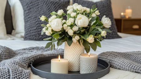 Beige ceramic vase with flowers and candles on a tray, placed in the living room near the bed, a home decor concept. --chaos 30 --ar 16:9 --v 6.1 Job ID: 65ac2378-6e41-43d9-8663-b44c550407a1の素材
