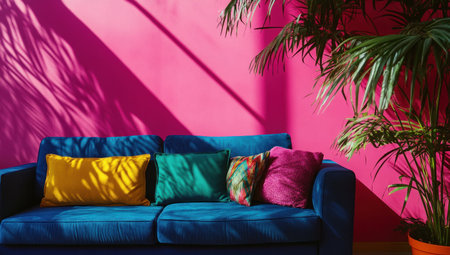 A vibrant pink wall with soft shadows, a blue sofa adorned with colorful cushions, and potted plants adding color to the space, creating an atmosphere of comfort and style in home decor. --ar 53:30 --v 6.1 Job ID: 6982e60e-5e36-424b-ad20-1b255e9cc4cbの素材