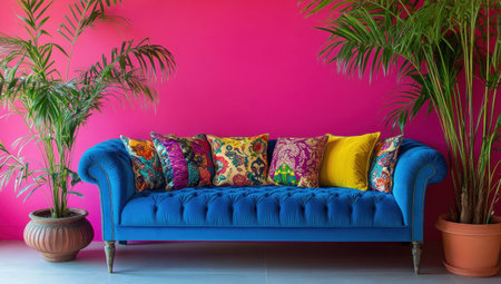 A vibrant pink wall with a blue sofa and colorful pillows, creating an elegant yet playful atmosphere in the living room. A potted palm plant adds greenery to the scene. High-quality photograph. --ar 53:30 --v 6.1 Job ID: 04991ff5-bdd0-4ab0-9ab3-71b0b6b04c69の素材
