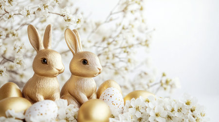 Easter banner with a white background, golden bunny figurines, and Easter eggs on the right side, white flowers in the foreground, copy space for text, minimalist style, pastel colors, detailed, high-resolution, professional photograph, captured in the style of Sony Alpha A7 III camera, soft light, minimalistic style, natural look. --chaos 30 --ar 16:9 --v 6.1 Job ID: 15ac325e-14f8-4a18-812e-db55157445a4の素材