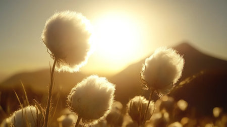 A serene scene of fluffy cotton grass in the foreground, with soft sunlight filtering through, creating a dreamy and tranquil atmosphere. The background is blurred to emphasize the delicate nature of the flowers. Warm tones enhance the peaceful mood. Captured with a Canon EOS R5 for its high resolution and sharpness. --chaos 30 --ar 16:9 --v 6.1 Job ID: 4229e295-f759-42cc-a9be-3ca709869b3fの素材