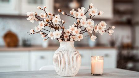 A vase with flowers on the table in front of an open kitchen, soft beige background, blurred background, small decorations in brown and white tones, a candle burning nearby, a beautiful composition, close-up of vases, flower branches, candles, kitchen cabinets in light colors, delicate details, natural lighting, minimalism, professional photography, high resolution, intricate details. --chaos 30 --ar 16:9 --v 6.1 Job ID: 04053a98-5fd9-4275-976a-d7e0cf6c29b3の素材