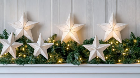 A white kitchen shelf is decorated with Christmas decorations, including a light garland and stars --chaos 30 --ar 16:9 --v 6.1 Job ID: f6408b58-40dc-4527-accc-6f07e11662b6の素材