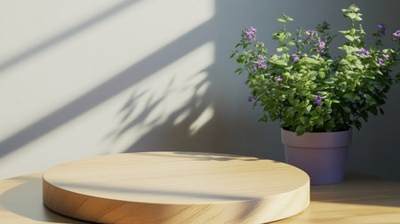 A wooden podium on the table, with green plants and sunlight coming in from behind, creating a simple background for product display. The podium is made of wood and has a circular shape. There's also an empty space next to it where you can place products or items. In front of the round table stands a potted plant with leaves that cast shadows on one side of the wall. --chaos 30 --ar 16:9 --v 6.1 Job ID: 80d4a61b-a4d4-4101-bc8c-97e5383cfe34の素材