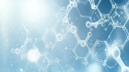 Abstract background with hexagons and chemical structures, in a blue color scheme, with white dots and lines on a light blue gradient background. Hexagonal shapes in various sizes float above each other, with small octagon-shaped hexagonal elements scattered across the screen, creating an impression of depth and perspective. The design is modern and minimalist, suitable for scientific or medical themes. --chaos 30 --ar 16:9 --v 6.1 Job ID: e9fdb404-45e7-4464-a810-270aba828c80の素材