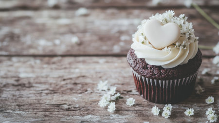 A cupcake with flowers and heart-shaped candle on a wooden table. Happy birthday concept. Vintage-style photo. The focus is on the background. The cupcake is in focus, while the rest of the picture has a depth blur effect. A beautifully decorated chocolate brownie cupcake with white flower petals around it sits alone at one end of an old, rustic wood kitchen counter, with some scattered wildflowers nearby. There are no other items in the frame except for what you see here. --chaos 30 --ar 16:9 --v 6.1 Job ID: 51e6fcaa-a0cb-4d9c-a254-23e9ffca2f75の素材