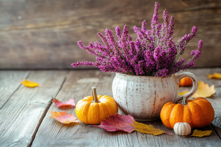 A beautiful arrangement of heather flowers in an old coffee cup, with small pumpkins and autumn leaves on the wooden table. The colors of purple, pink, red, and orange add warmth to your fall decoration. --ar 3:2 --v 6.1 Job ID: cc4aef1d-df62-4063-8cf0-902d9e15c54cの素材