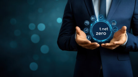 A businessman holding the word "net zero" in his hands, with futuristic circular icons around it on a dark blue background. --chaos 30 --ar 16:9 --v 6.1 Job ID: 3c59c1d0-105c-40a3-bac3-c5f4ee20d77fの素材