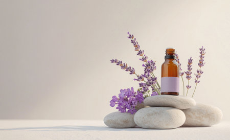 An essential oil bottle with a label and lavender flowers, stones on a white background, the winning entry in a stock photo contest, commercial photography, high definition, detailed. --ar 49:30 --v 6.1 Job ID: f35ce8cc-007c-48dd-8631-9f0f202d1348の素材