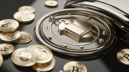 A black smartphone with the logo of a Chinese cryptocurrency, gold coins and Chinese yuan symbols floating around it, a circular safe lock on top of the phone, against a white background, in a simple style, 3D rendering, in a cartoon style, icon design, with simple details, a simple color scheme, and a simple background, resembling 2D game art. --chaos 30 --ar 16:9 --v 6.1 Job ID: 7dfb1707-b388-40a5-8636-f3dc7d87c411の素材