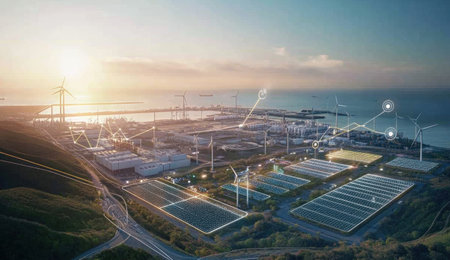 An aerial view of an industrial park with solar panels and wind turbines, surrounded by digital icons representing energy data and performance. In the background is the sea, under a blue sky. A network connection between various buildings is visualized as lines connecting to a central AI system interface, symbolizing smart city technology. The sun sets behind, casting long shadows on the landscape. --ar 26:15 --v 6.1 Job ID: f9bf3c7f-0e52-42f0-8999-ae8a60d1d2b5の素材