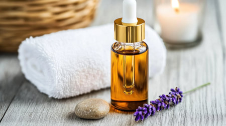 A bottle of lavender essential oil, some rocks, and a white towel on a wooden table with a candle in the background. A banner for a spa or wellness center. Stock photo contest winner, professional photography, high resolution. --chaos 30 --ar 16:9 --v 6.1 Job ID: f15bd19e-7508-4770-ab3a-513f68b37ae9の素材