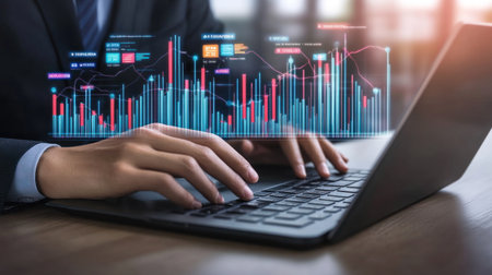 A businessman typing on his laptop with icons of the dollar, Japanese yen, and other currency symbols floating above the keyboard. The screen shows various financial charts indicating growth in business streams, signaling a transition from digital transformation to an integrated financial management system for global financial services. --chaos 30 --ar 16:9 --v 6.1 Job ID: dc1e6a40-2772-49f6-8b7b-85e5cf353ae9の素材