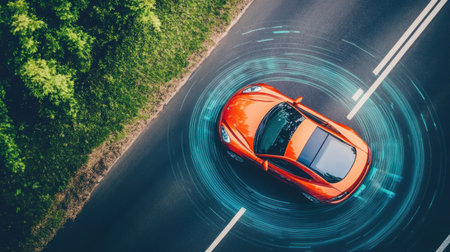 Aerial view of cars on the highway with virtual reality and future technology concept, two self-driving vehicles using wireless connection to communicate. Digital innovation in transportation in the style of daylight, surrounded by a green landscape, symbolizing an advanced security system for road safety. --chaos 30 --ar 16:9 --v 6.1 Job ID: b55d8c21-fba1-4eab-a15b-e2185309fb1aの素材