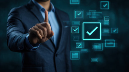 A businessman touching a digital document management system icon with a check mark, surrounded by floating documents against a blue background. This banner design represents the business technology concept. There is ample copy space. The image is of high quality, ultra-realistic, and was captured using studio lighting with a Sony Î±7 IV camera in a close-up, dynamic pose. --chaos 30 --ar 16:9 --v 6.1 Job ID: fb7e5227-da64-405b-b1fa-499ac996ed4aの素材