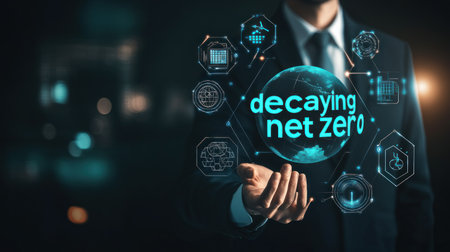 A businessman holding the word "decaying net zero" in his hand, surrounded by icons representing green energy and environmental protection on a dark background. The globe is also seen inside with a blue color to represent the global greenhouse gas and provide an eco-friendly atmosphere. --chaos 30 --ar 16:9 --v 6.1 Job ID: 3f8b6f3b-4fce-43df-a000-d949cfa3655dの素材