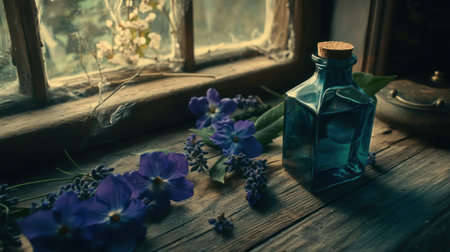 A bottle of lavender essential oil on a wooden table, accompanied by fresh purple flowers and green leaves. The photo was taken with a Canon R5 DSLR, resulting in a realistic image. --chaos 30 --ar 16:9 --v 6.1 Job ID: 746bef56-4287-4d50-8dbf-2c59065c162fの素材