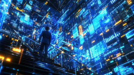 A businessman stands on stairs with upward arrows and digital data in a city background, symbolizing a business growth or success concept. The businessman is walking up the staircase, climbing high and looking at a large screen of virtual graphics charts showing progress towards a goal. He stands above his repeated steps, surrounded by an array of glowing numbers representing weight loss goals. The businessman is dressed in a dark suit, white shirt, and blue tie, with his hand over his chest. The background is a blue night sky. This is a realistic photo. --chaos 30 --ar 16:9 --v 6.1 Job ID: 715e40ac-31c4-429f-a656-1dbce35a74a9の素材