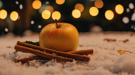 A cozy scene with cinnamon sticks and an apple on a snowy background, with bokeh lights in the background. --chaos 30 --ar 16:9 --v 6.1 Job ID: ca0cf7b8-a37c-4f05-ae0a-97635df4f1d3の素材