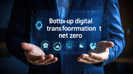 A businessman holding in his hands the words "Bottom-up digital transformation to net zero" with green energy icons around it, against a dark blue background. - --chaos 30 --ar 16:9 --v 6.1 Job ID: 238ef503-77d2-4ff9-9439-7a5f73972f15の素材