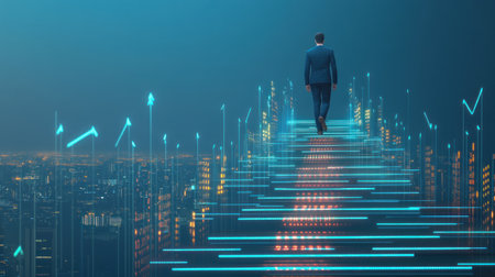 A businessman stands on stairs with upward arrows and digital data in a city background, symbolizing a business growth or success concept. The businessman is walking up the staircase, climbing high and looking at a large screen of virtual graphics charts showing progress towards a goal. He stands above his repeated steps, surrounded by an array of glowing numbers representing weight loss goals. The businessman is dressed in a dark suit, white shirt, and blue tie, with his hand over his chest. The background is a blue night sky. This is a realistic photo. --chaos 30 --ar 16:9 --v 6.1 Job ID: 715e40ac-31c4-429f-a656-1dbce35a74a9の素材