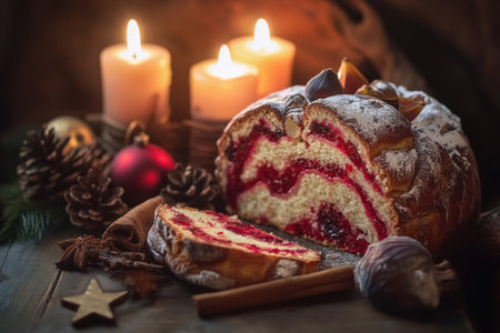 A festive Christmas still life, in line with traditional German style, is exclusive, decorated in red and white colors. It features slices of the colorful cake adorned with dried fruits like figs or apricots, spiced cinnamon sticks, star-shaped cookies, illuminated by three glowing candles placed on a wooden table. The background is softly blurred to highlight the rich texture of the Christmas bread and its vibrant color. --ar 3:2 --v 6.1 Job ID: cc9bf2a4-55a7-4d4a-a6ea-b2ce252a120aの素材