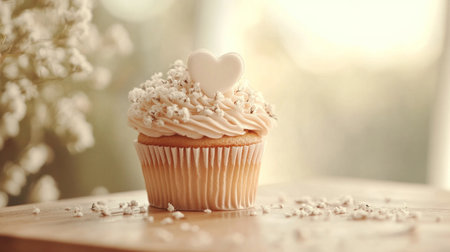 A cupcake with flowers and a white heart-shaped candle on a wooden table, with a beautiful background, a close-up photo of a birthday cake, in a vintage style, with minimalism, pastel colors, soft light, and a detailed composition, a stock photography, high-resolution digital illustration. --chaos 30 --ar 16:9 --v 6.1 Job ID: a2f23dd8-a377-45ad-9137-f513294f80c5の素材