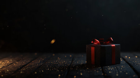An elegant and minimalist photograph of an exquisite gift box with a red ribbon, placed on a rustic wooden table against a dark background. The focus is sharp, highlighting the intricate details of both the present and the black background, with golden glitter sprinkled around to add depth and texture. --chaos 30 --ar 16:9 --v 6.1 Job ID: 5ef1cdd3-0407-4469-b050-aed50e83aec4の素材