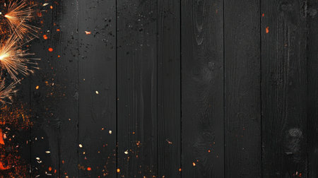 A black wooden background with sparklers on the left side, perfect for adding text or images. The fireworks light up in bright colors against the dark wood grain, creating an enchanting atmosphere that's ideal as a festive New Year banner or party decoration. This design is great for capturing attention and advertising events like spicy summer holidays, festive celebrations, or any other celebration that needs to be highlighted by a vibrant firework display. --chaos 30 --ar 16:9 --v 6.1 Job ID: 6632677c-25a2-407b-a9be-9007dba65feeの素材