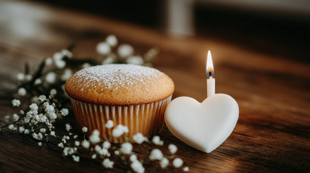 A cupcake with flowers and a white heart-shaped candle on a wooden table, with a beautiful background, a close-up photo of a birthday cake, in a vintage style, with minimalism, pastel colors, soft light, and a detailed composition, a stock photography, high-resolution digital illustration. --chaos 30 --ar 16:9 --v 6.1 Job ID: a2f23dd8-a377-45ad-9137-f513294f80c5の素材
