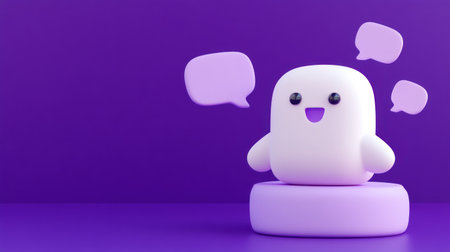 3D icon of a cute white robot with purple chat bubbles around it, on a violet background. --chaos 30 --ar 16:9 --v 6.1 Job ID: 8347fcab-47b6-42b9-94c0-baea336fe640の素材