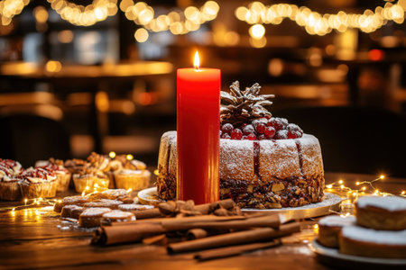 A festive Christmas scene with lights, candles, and traditional German cookies arranged around it. The focus is on the delicious-looking fruitcake covered in powdered sugar and decorated with dried fruits. In front of the cake, there's an unlit red candle surrounded by cinnamon sticks, walnuts, and hazelnuts. On a wooden table, the background has small white fairy light garlands that create a warm atmosphere for celebrating Christmas. --ar 3:2 --v 6.1 Job ID: 1083bf51-6b8e-4dd6-b95e-91b8e030486bの素材