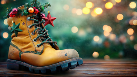 An old, vintage leather boot with Christmas decorations and a hanging star, set against a background of bokeh lights. --chaos 30 --ar 16:9 --v 6.1 Job ID: 69878604-37b1-41ed-ac26-2ca57c632f74の素材