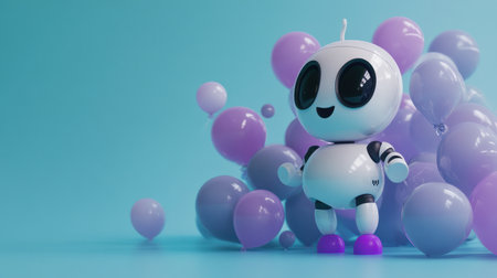 A cute white robot is surrounded by purple and gray speech bubbles with the same color, while on an isolated blue background. The chatbot has two large dark eyes and a mouth grinning, giving it a friendly appearance. It stands upright in front of the screen, creating a charming scene. A purple dot at its bottom adds to the overall minimalistic aesthetic. --chaos 30 --ar 16:9 --v 6.1 Job ID: 68e7181f-948c-47a1-a9a9-b0cbc5bb8708の素材