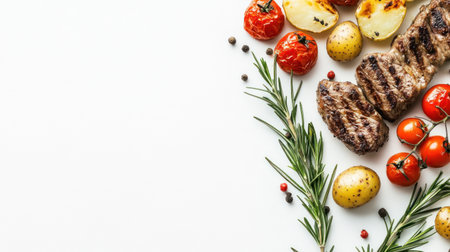 A close-up shot of the perfect, "Stereotype" dinner with tenderloin meat, potatoes, and tomatoes on a white background. The camera angle is from above. A sprig of rosemary leaves rests between two pieces of steak, adding to its visual appeal. It's a mouthwatering scene that evokes images of home cooking and conveys freshness. The colors are vibrant yet natural-looking. --chaos 30 --ar 16:9 --v 6.1 Job ID: 25ce3759-ed0f-46c9-bbe7-37598661d4f3の素材