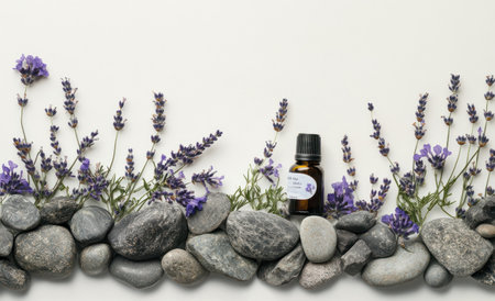 An essential oil bottle with a label and lavender flowers, stones on a white background, the winning entry in a stock photo contest, commercial photography, high definition, detailed. --ar 49:30 --v 6.1 Job ID: f35ce8cc-007c-48dd-8631-9f0f202d1348の素材