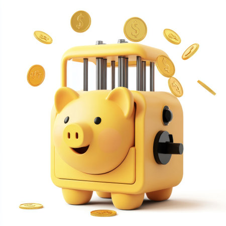 A claw machine, a yellow piggy bank with coins flying around it, against a white background, in a vector illustration style, with simple lines, a 3D rendering, an icon design, on a white background, with no shadows on the ground, no shadow effect, and no shading, in high resolution, high quality, high detail, and high definition. --v 6.1 Job ID: 69d13d2e-9aae-4582-95e2-8e81502d3db4の素材