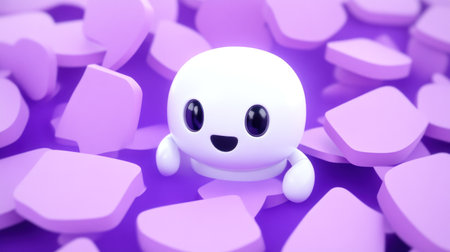 A cute white robot surrounded by purple speech bubbles with text, on an isolated background of violet color. The bot is smiling and has large black eyes. There is some empty space around the character for copy-demanding elements. This design creates a cheerful atmosphere while emphasizing easy access to online support through interactive technology. --chaos 30 --ar 16:9 --v 6.1 Job ID: 2eb450c6-55fb-43c5-82bd-5e8e4dfdb2f9の素材