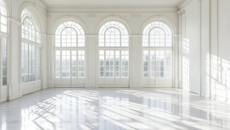 A white room with large windows, sunlight shining through the panes and casting shadows on the marble flooring. The background is pure white, creating an atmosphere of spaciousness and tranquility. --ar 53:30 --v 6.1 Job ID: 46e18f57-f769-4f23-b212-f63502f442b2の素材