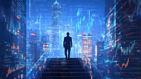 A businessman stands on stairs with upward arrows and digital data in a city background, symbolizing a business growth or success concept. The businessman is walking up the staircase, climbing high and looking at a large screen of virtual graphics charts showing progress towards a goal. He stands above his repeated steps, surrounded by an array of glowing numbers representing weight loss goals. The businessman is dressed in a dark suit, white shirt, and blue tie, with his hand over his chest. The background is a blue night sky. This is a realistic photo. --chaos 30 --ar 16:9 --v 6.1 Job ID: 715e40ac-31c4-429f-a656-1dbce35a74a9の素材
