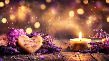 An elegant display of lavender and rose flowers, wrapped around heart-shaped soap, with a lit candle beside it on a wooden table, with background bokeh lights creating a warm ambiance for a relaxing spa setting. --chaos 30 --ar 16:9 --v 6.1 Job ID: 50f88854-ae98-4c77-9294-f29f1d23f241の素材