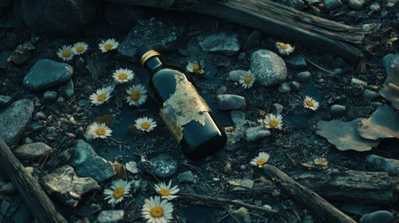 A bottle of essential oil with lavender and daisies lying on the table, surrounded by small stones, flowers, leaves, and wood. Commercial photography, high resolution, professional photograph, professional lighting, high detail. --chaos 30 --ar 16:9 --v 6.1 Job ID: b4e32fdc-987d-409d-b90a-fbc66d6f8774の素材