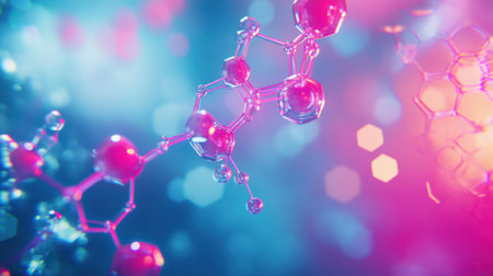 Abstract background with hexagons and chemical structures on a blue sky background. AI-generated. --chaos 30 --ar 16:9 --v 6.1 Job ID: 1d93b7fe-c972-4ed3-bcde-f847f3a49677の素材