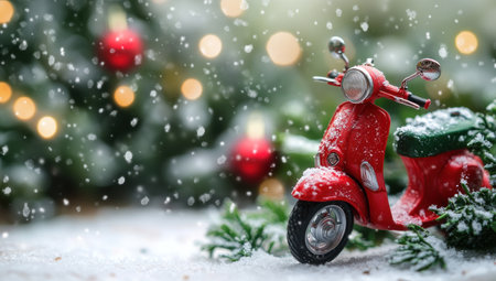 A cute little red motorcycle with a Christmas tree on a snowy background, macro photography, miniature food art, festive atmosphere, a white and green color scheme, close-up, natural lighting, falling snowflakes, miniature creative photography, and a creative composition. --ar 53:30 --v 6.1 Job ID: 829f5780-64bf-488b-a45e-4599a3c698d3の素材